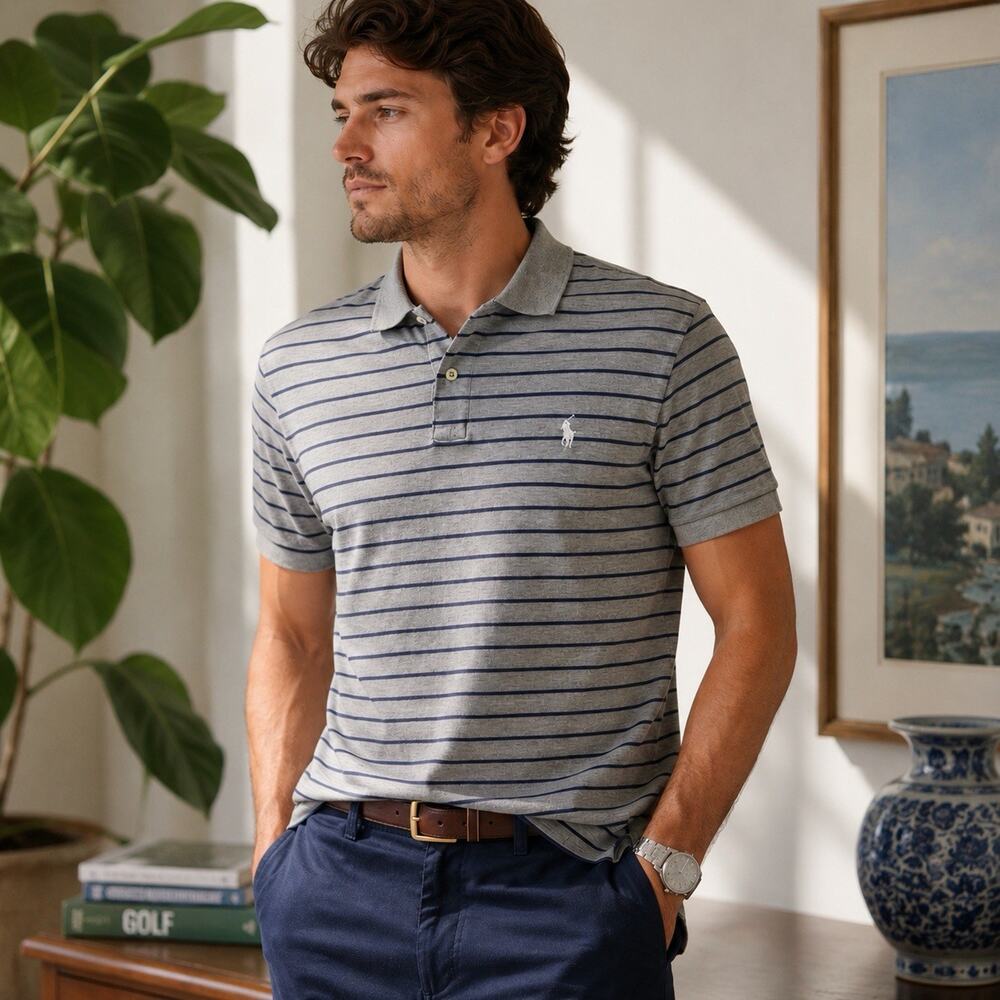 Polo Ralph Lauren Pima Soft Touch Polo Shirt Men’s Medium Gray Blue Striped Golf